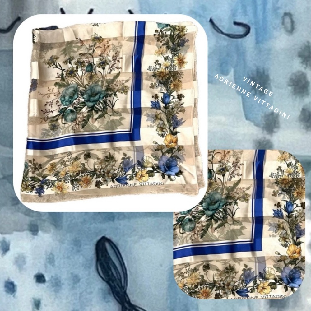 Adrienne Vittadini vintage cream blue striped floral sheer scarf